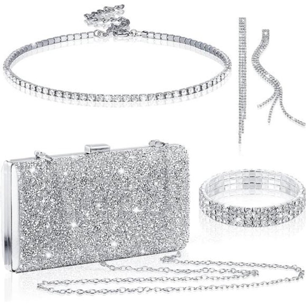 4 Pieces Women Rhinestone Evening Clutch Bag Rhinestone Ear Clip Bridal Wedding